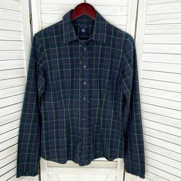 Tommy Hilfiger Plaid Ruffle Cuff Trim Button Front Shirt Green Navy Medium - Picture 9 of 15